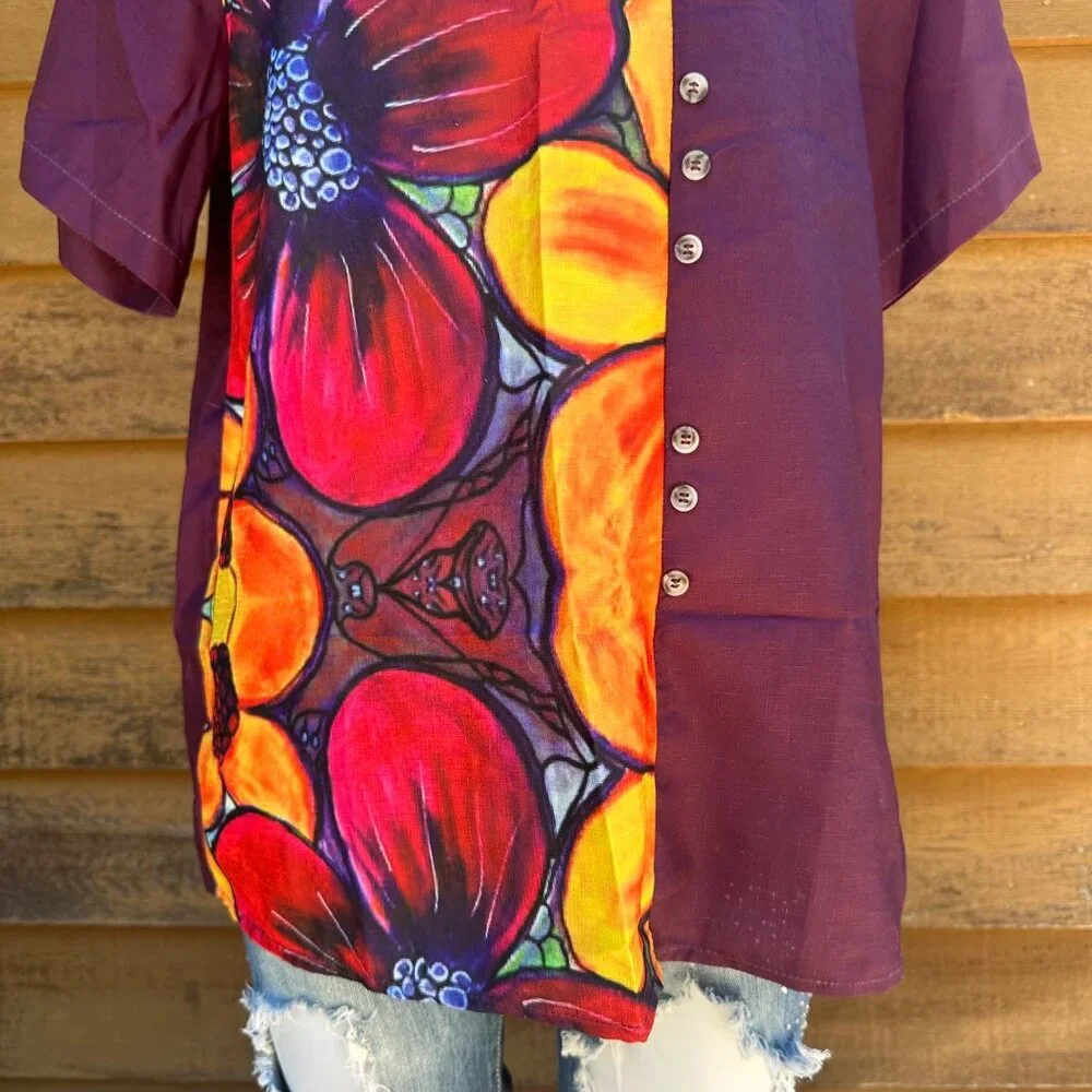 Miss Look Plumb Floral Top 957341 Button Detail Short Sleeve Blouse Shirt Size X - Picture 5 of 8